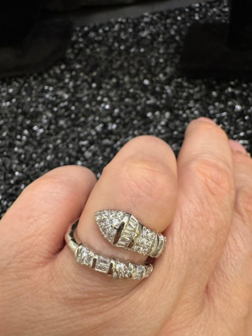 White Gold Filled Snake Ring w/AAA CZ Cut Diamond Look-size 8 Semi-Adjustbl NWOT